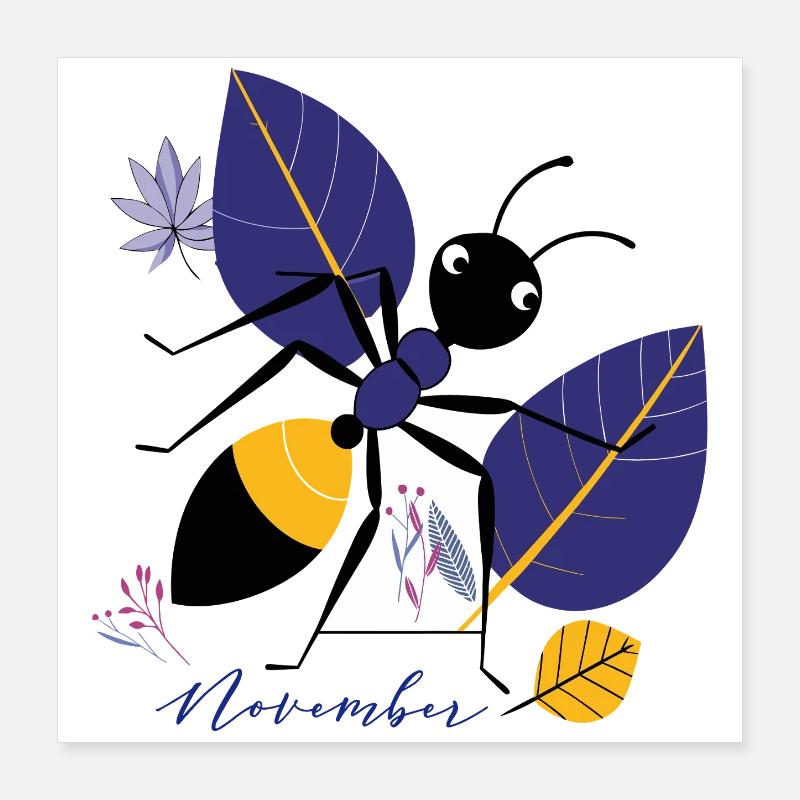 November Vogel mit Blättern im Herbst Poster 40x40 cm