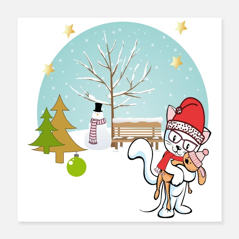  Katze mit Teddy im Winter Poster 40x40 cm