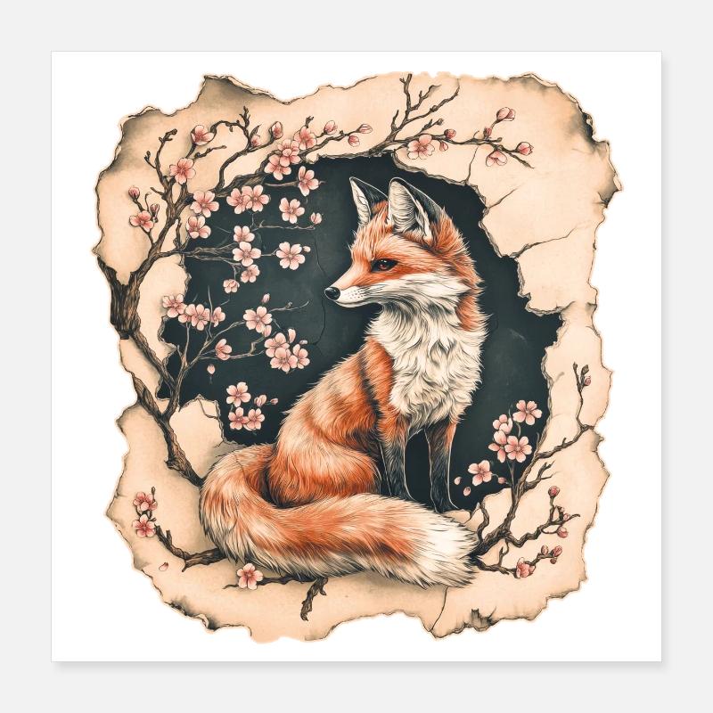 Fuchs mit Kirschblüten Poster 40x40 cm