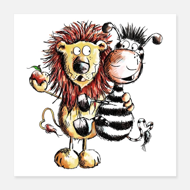 Löwe und Zebra - Löwen - Zebras - Comic - Geschenk Poster 40x40 cm
