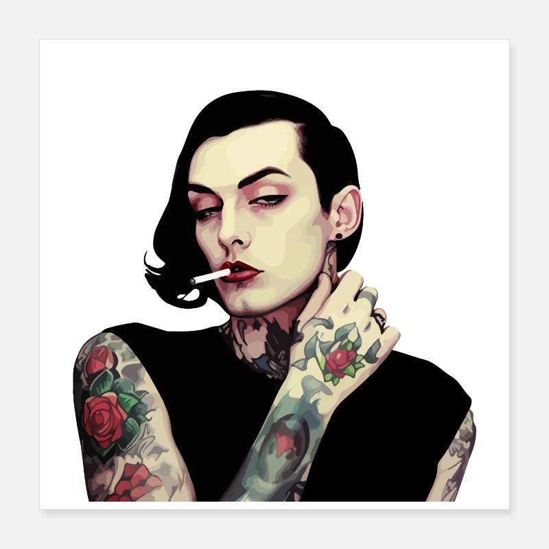 Gothic Tätowierte Frau mit Zigarette Poster 40x40 cm