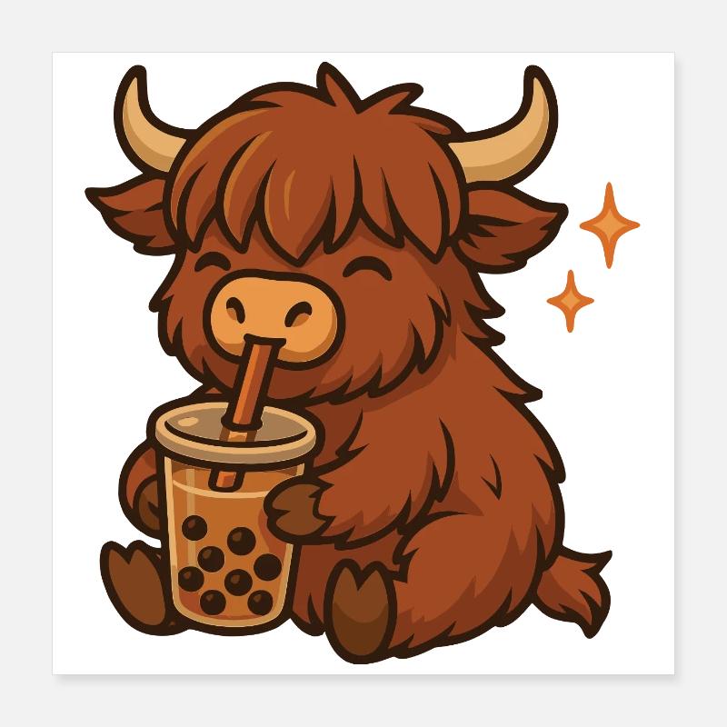 Highland beef with bubble tea kawaii highland beef Poster 16" x 16" (40x40 cm)