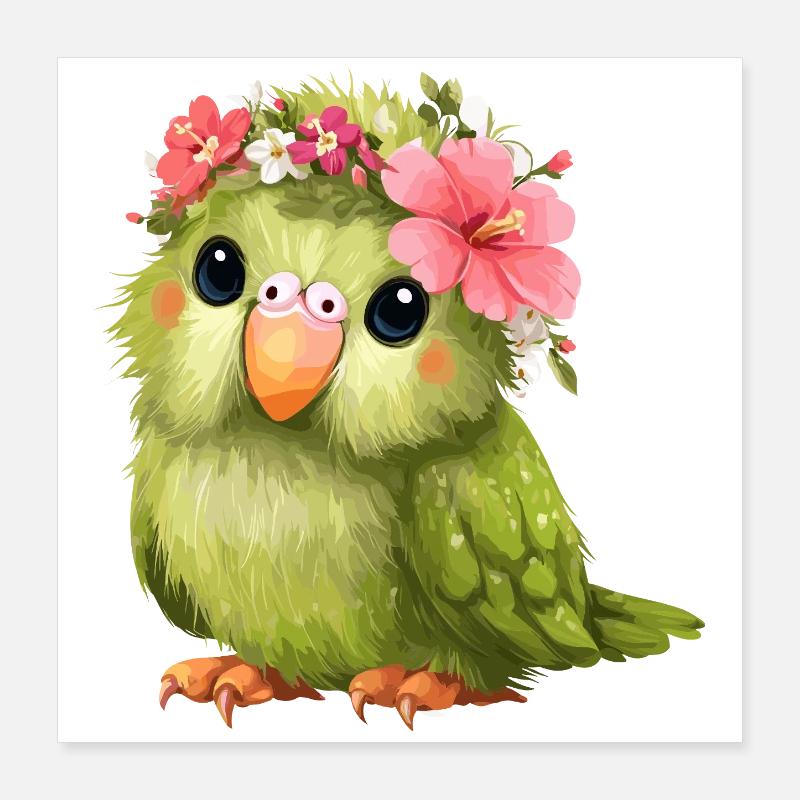 Perroquet en couronne de fleurs Poster 40 x 40 cm