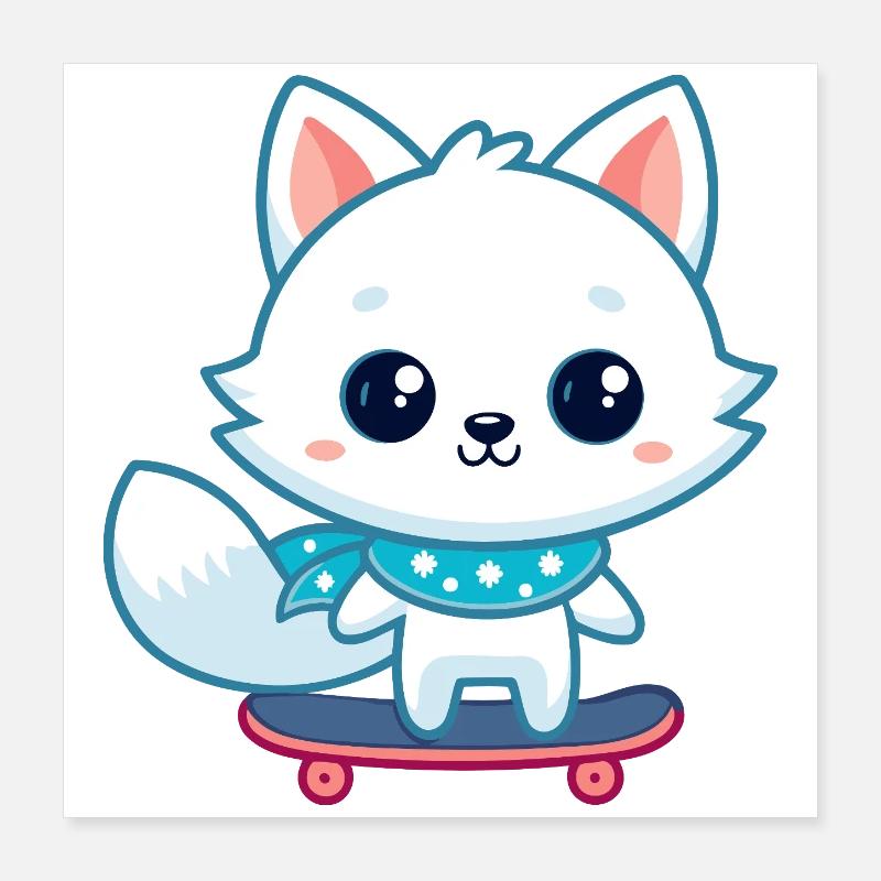 White fox on blue skateboard Poster 16" x 16" (40x40 cm)