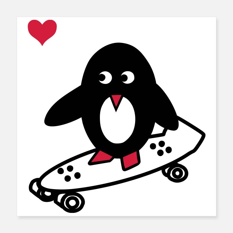 pingouin avec le skate-board - Poster 40 x 40 cm - blanc