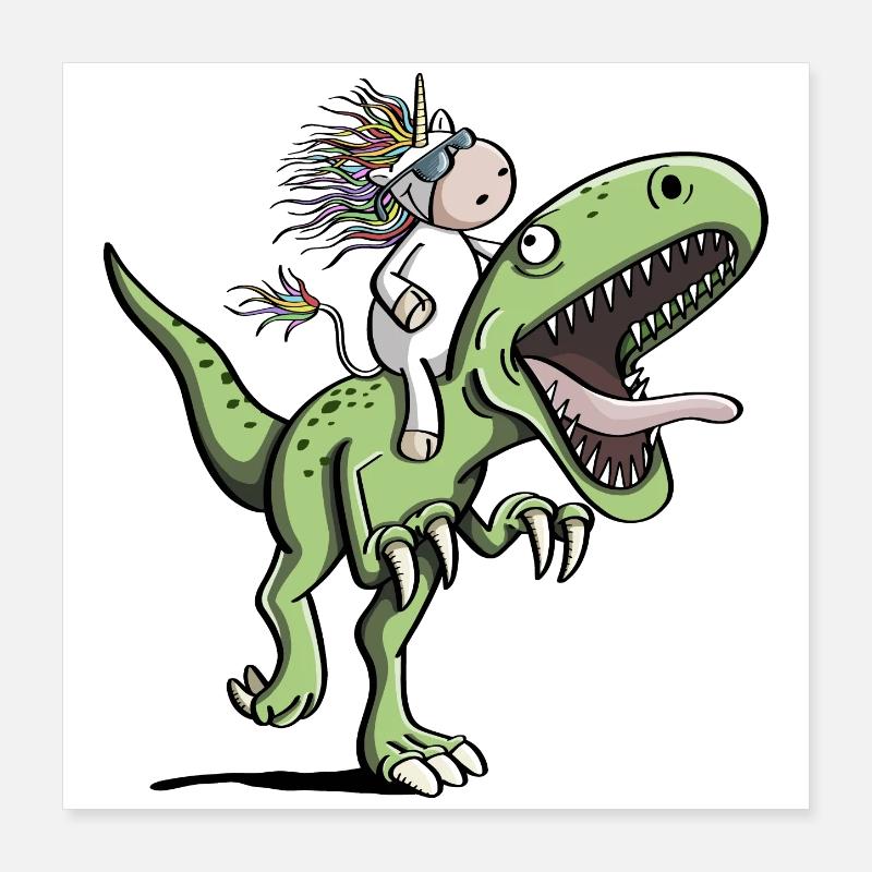 Einhorn reitet einen T-Rex Dinosaurier - Comic Poster 40x40 cm