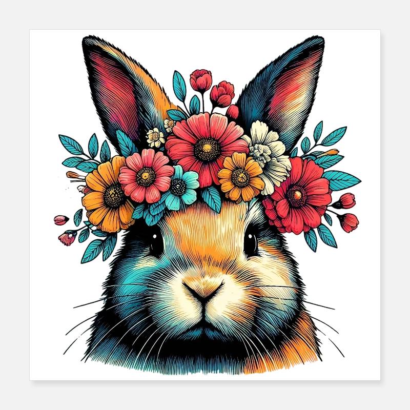Lapin avec des fleurs Poster 40 x 40 cm