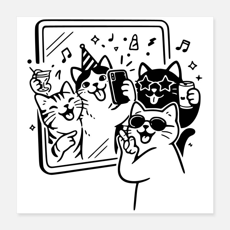 Party Cats Selfie Time with Cats in Front of the Mirror Poster 16" x 16" (40x40 cm)