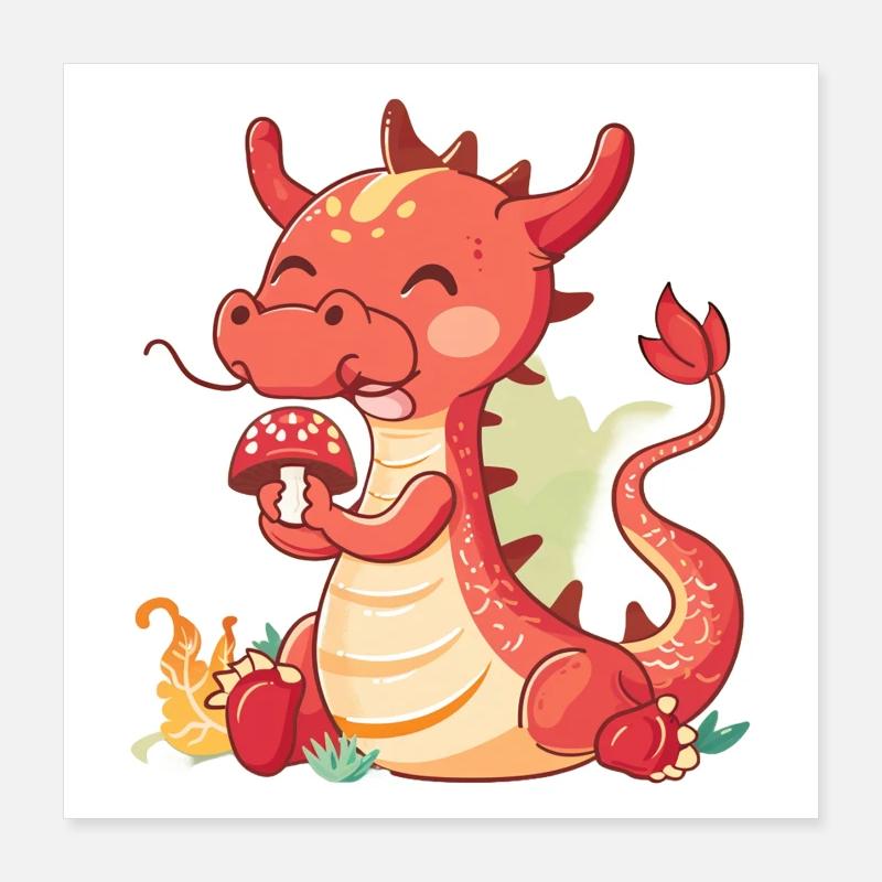 Petit dragon chinois mangeant un champignon Poster 40 x 40 cm