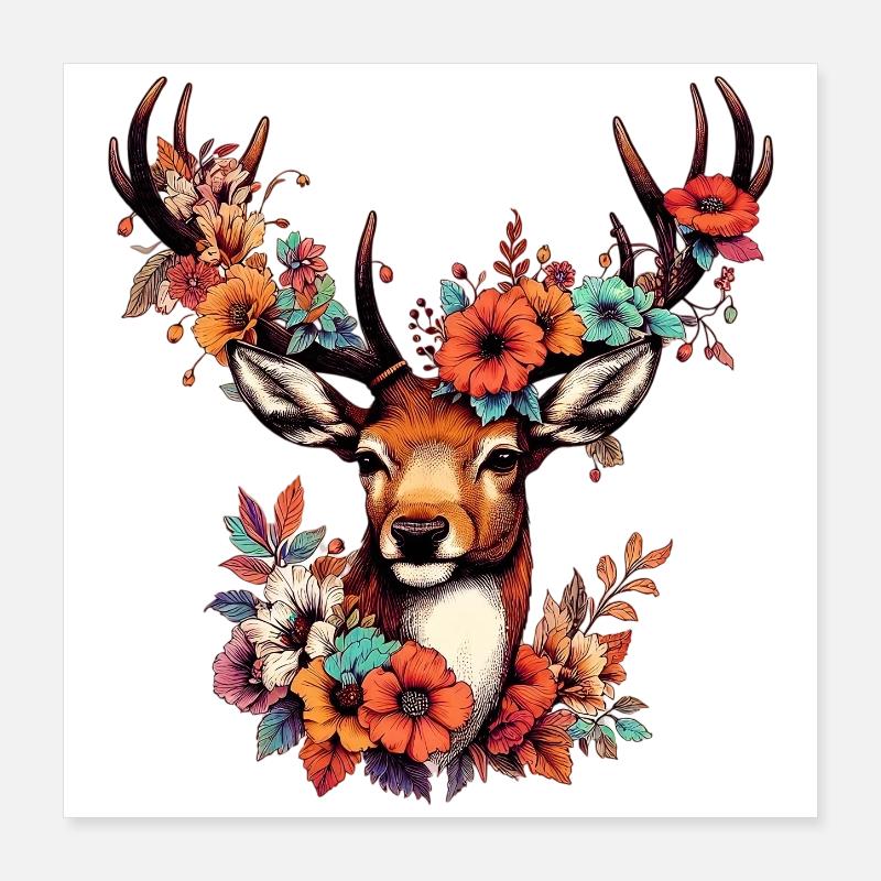 Hirsch mit Blumen Poster 40x40 cm