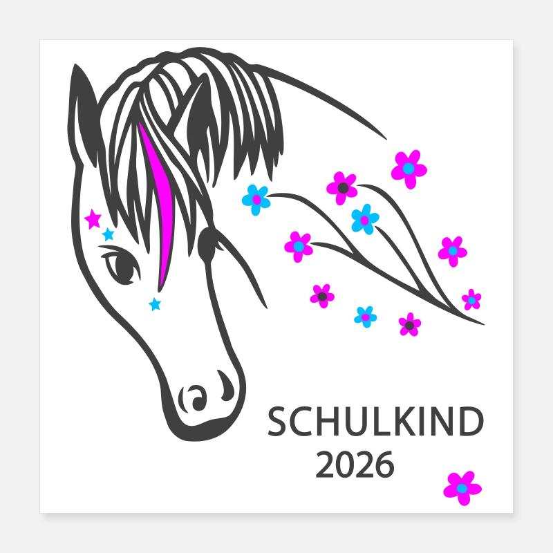 Pferd mit Blumen 2026 Schulkind Poster 40x40 cm