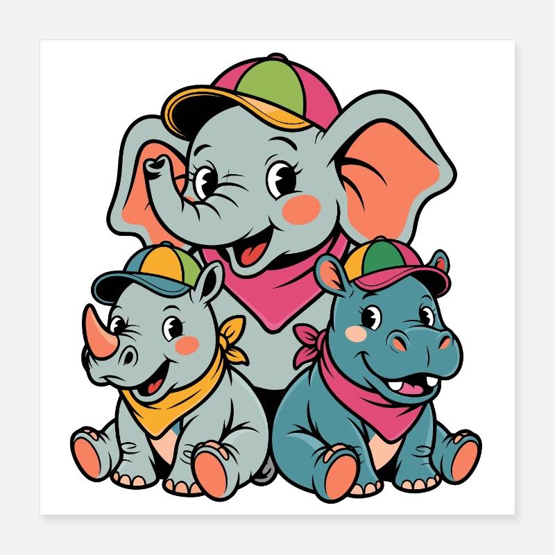 Niedlicher Elefant, Nashorn & Nilpferd Cartoon Poster 40x40 cm