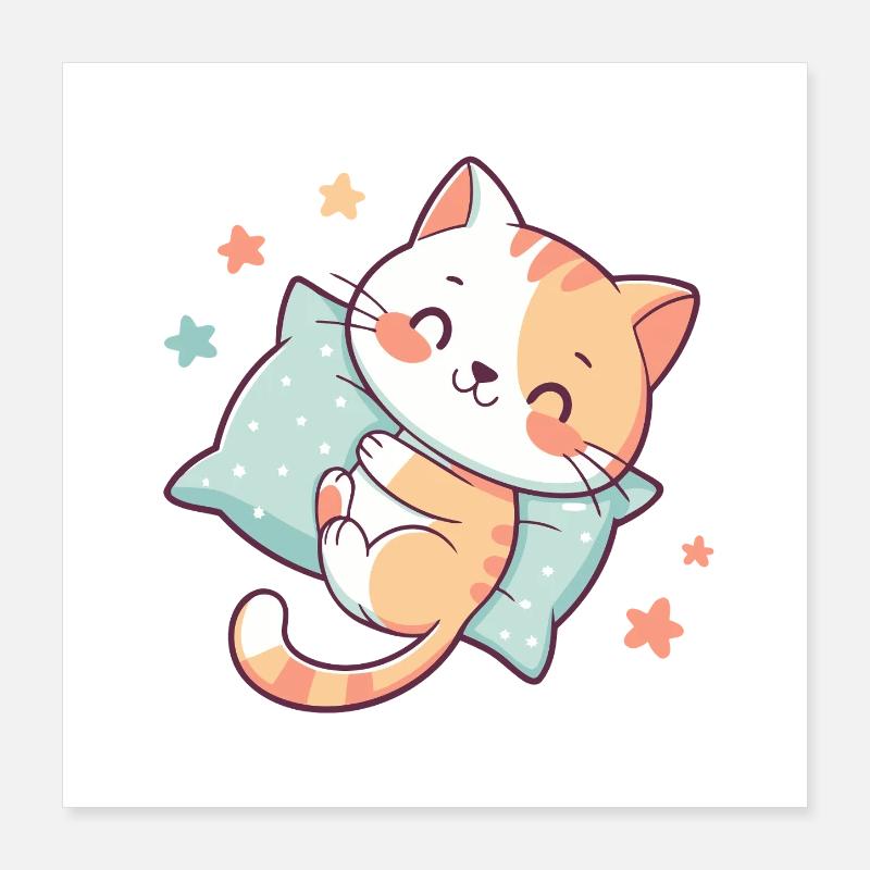 Chat câlin sur oreiller étoiles Poster 40 x 40 cm