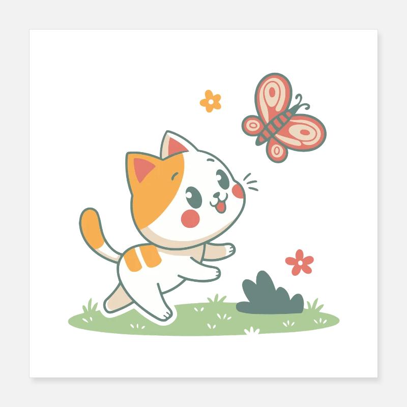 Chat joueur et papillon Poster 40 x 40 cm