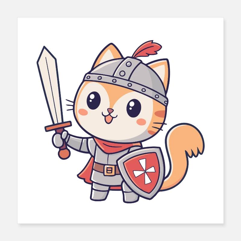 Chat Chevalier Épée et Bouclier Poster 40 x 40 cm