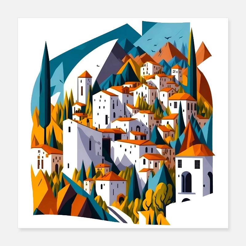 Mediterranes Bergdorf Poster 40x40 cm
