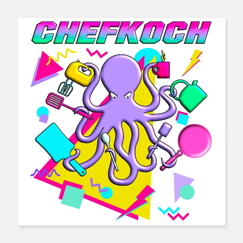 Oktopus Chefkoch - Poster 40x40 cm - Weiß