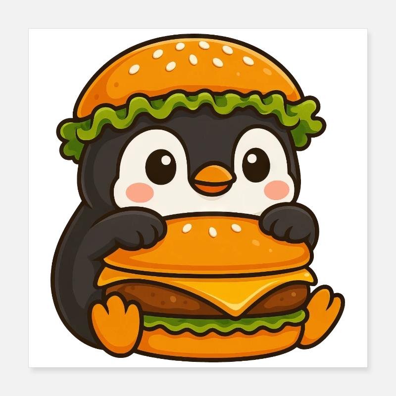 Pingouin mignon avec hamburger au cheeseburger rapide Poster 40 x 40 cm