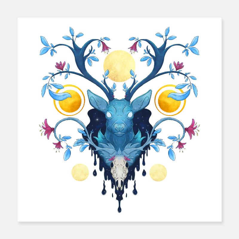 Blue Ink Spirits - Cerf Nocturne et Bois Fleuris 2 Poster 40 x 40 cm