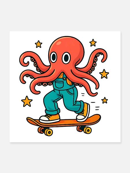 Skater-Oktopus in Latzhose - Poster 40x40 cm - Weiß