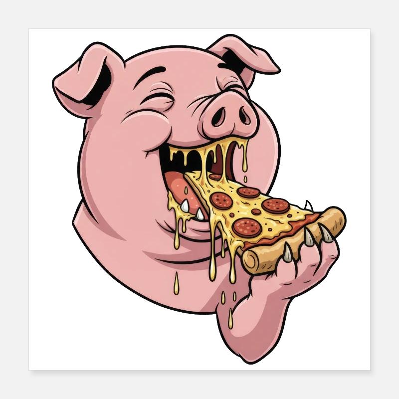 Dessin animé Drôle de cochon mangeant de la pizza Fast Food Poster 40 x 40 cm