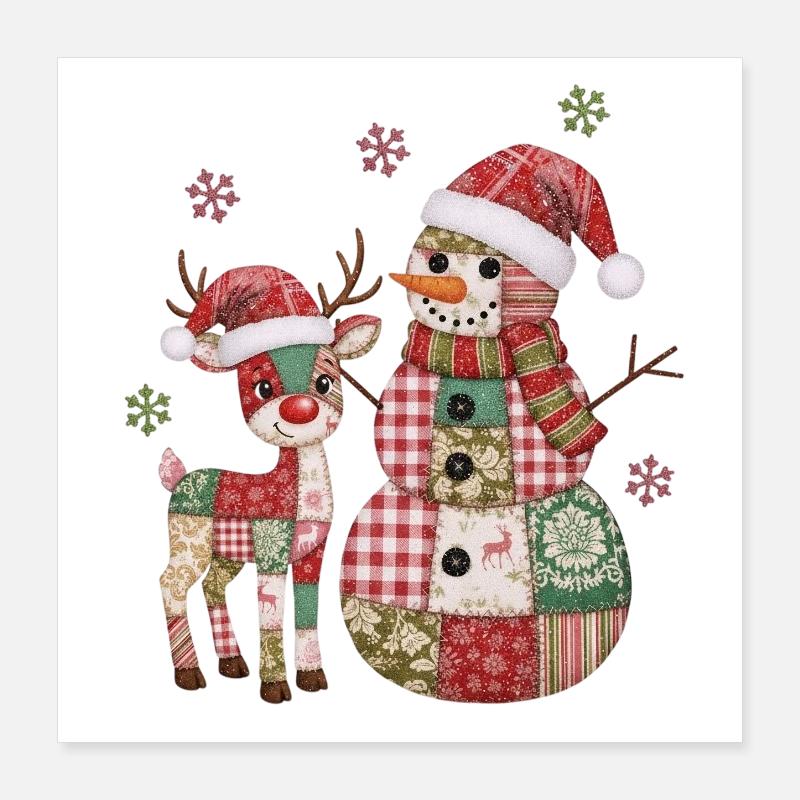 Patchwork Schneemann und Rentier Poster 40x40 cm