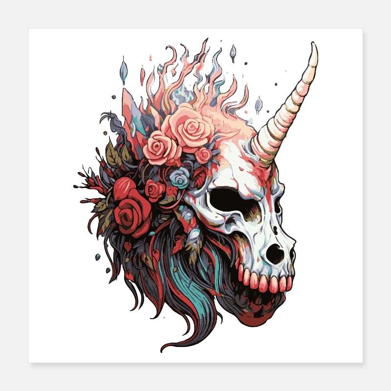 Crâne de licorne avec des fleurs Poster 40 x 40 cm
