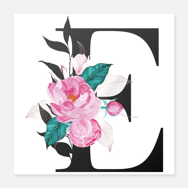Elégante lettre 'E' avec des fleurs Poster 40 x 40 cm