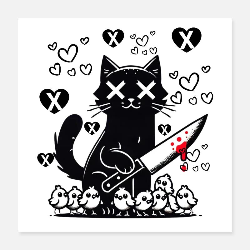 "Chat Noir Mignon et Méchant - Cœurs et Couteau" Poster 40 x 40 cm