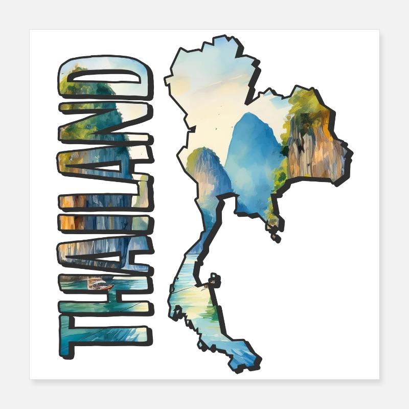 Carte aquarelle Thaïlande Poster 40 x 40 cm