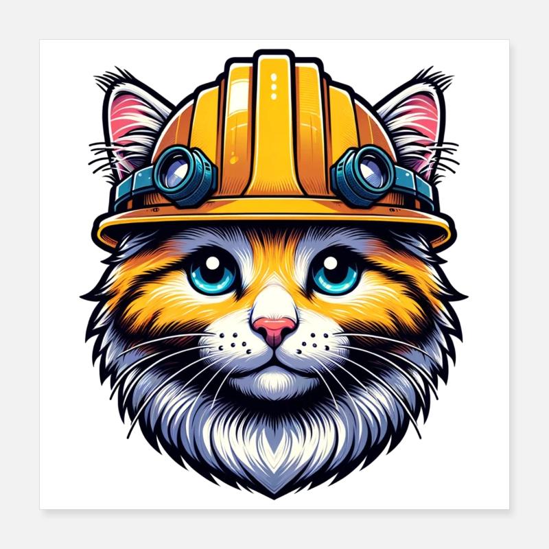 Chat de chantier avec casque idéal comme cadeau. Poster 40 x 40 cm