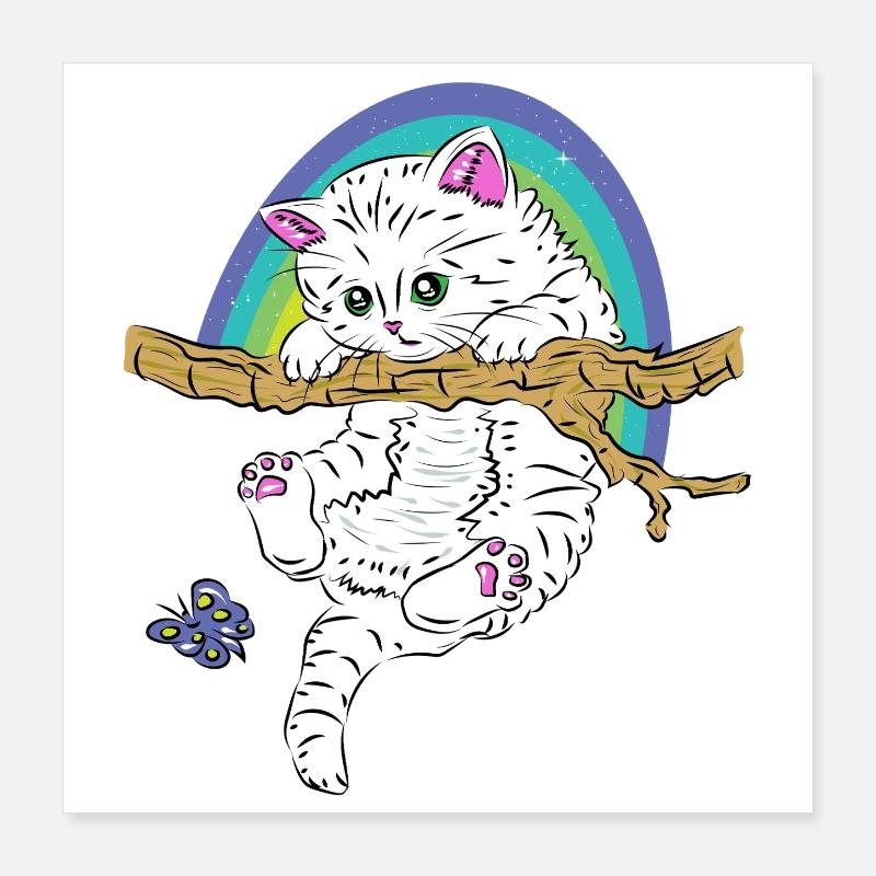 Chat sur branche joue avec un papillon Poster 40 x 40 cm