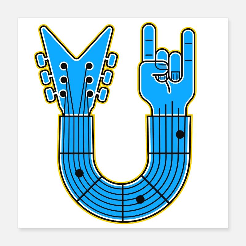 Blue U-Shape Guitar with Rock Hand Poster 16" x 16" (40x40 cm)
