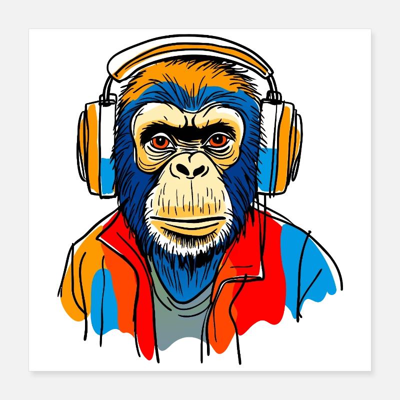Monkey with headphones Poster 16" x 16" (40x40 cm)