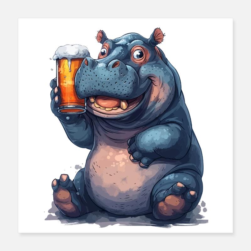 hippopotame avec verre à bière impression de dessin animé Poster 40 x 40 cm