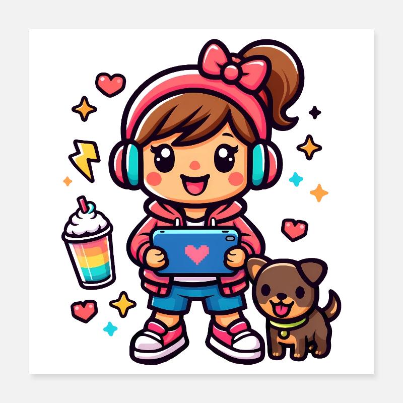 Fille Gamer Esthétique avec une tablette de surf et un chiot Poster 40 x 40 cm