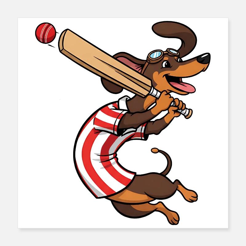 Teckel drôle jouant au cricket Poster 40 x 40 cm