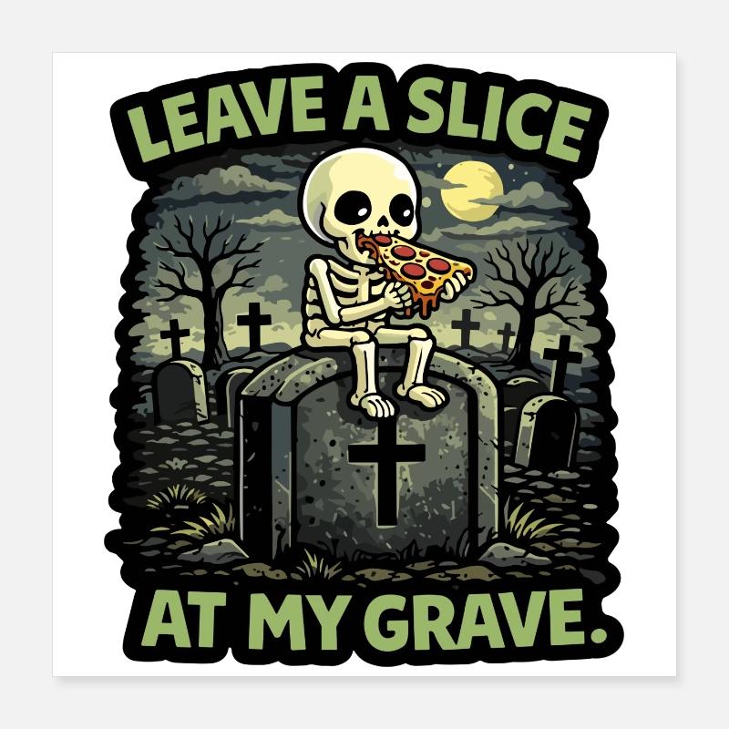 Squelette de pierre tombale mangeant une part de pizza sur la tombe Poster 40 x 40 cm