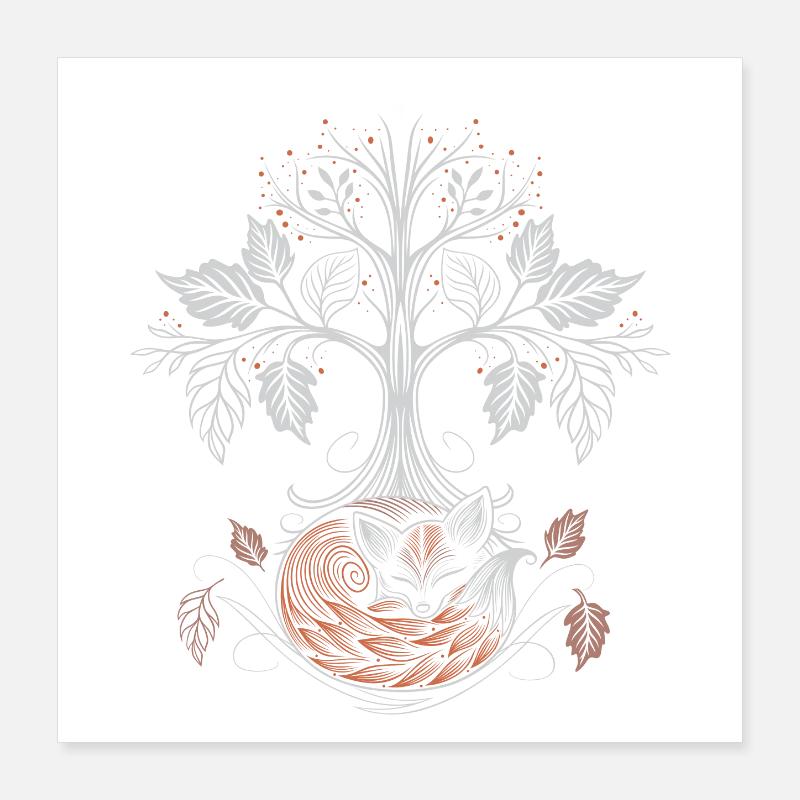 Sleeping Fox Under Tree of Life - Autumn Night Poster 16" x 16" (40x40 cm)