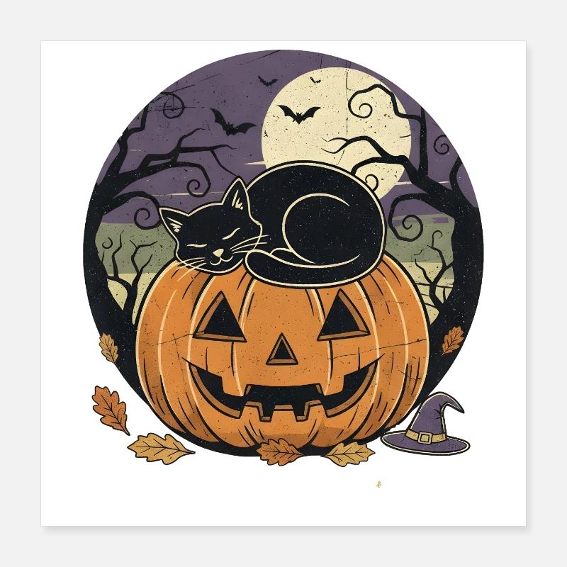 Chat noir dormant sur une lanterne jack-o | Halloween Poster 40 x 40 cm