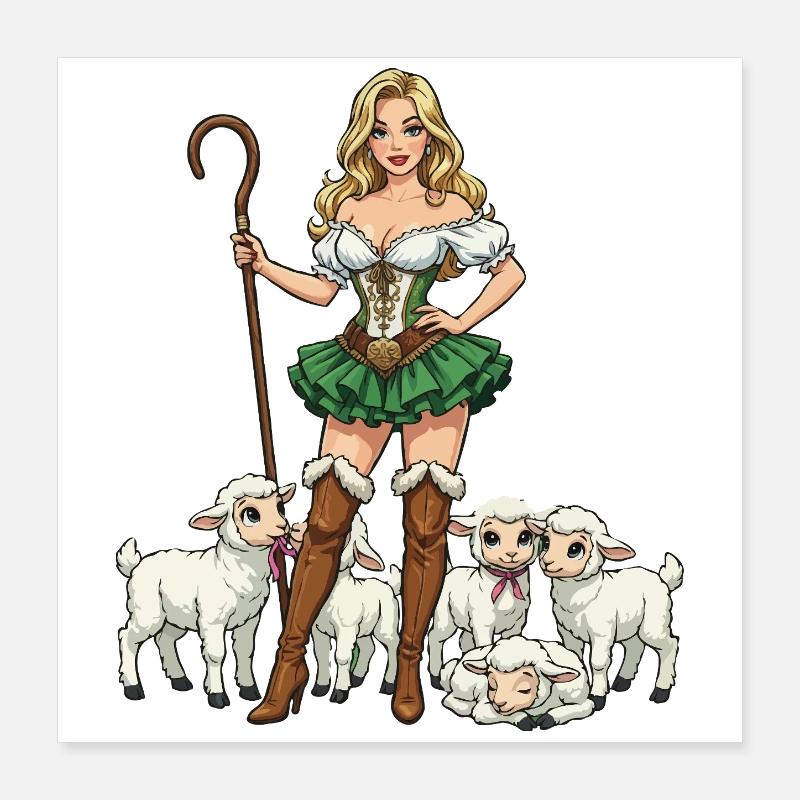 Dirndl Hirtin und Lämmer Poster 40x40 cm