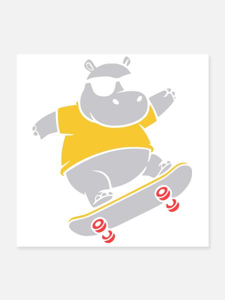 Cool Hippopotamus Skater Skateboard Vector - Poster 16" x 16" (40x40 cm) - white - Front