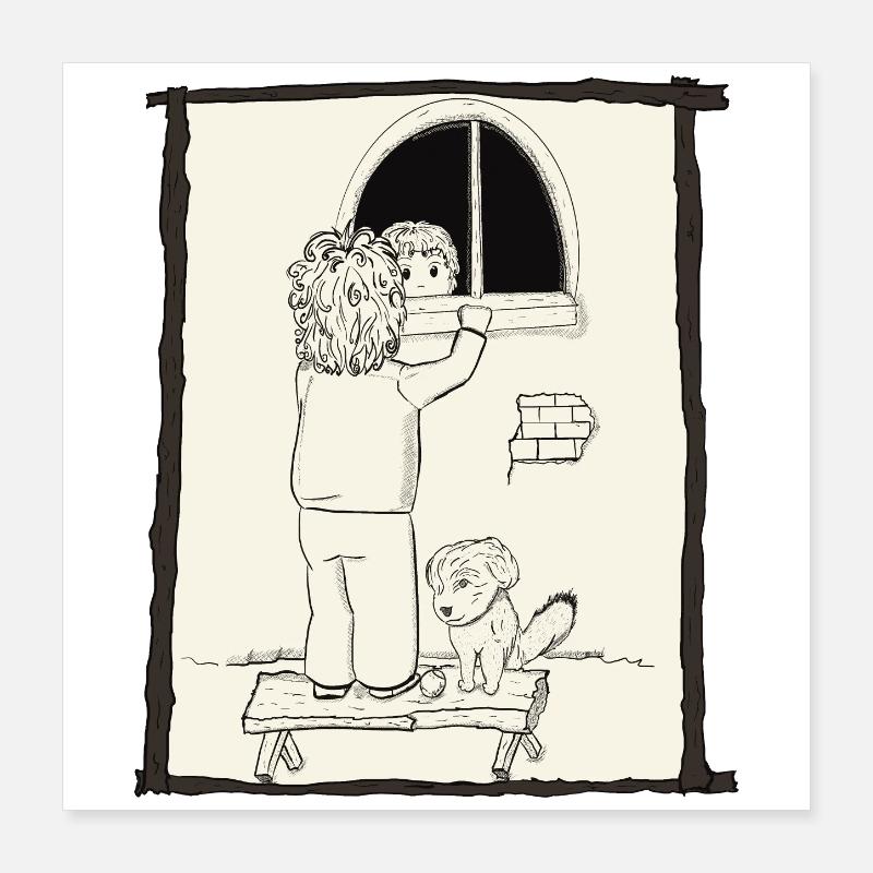 Hunde & Kinder & Bälle Tintenversion Poster 40x40 cm