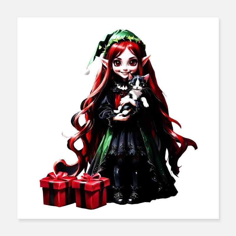 Lutin de Noël avec chaton. Poster 40 x 40 cm