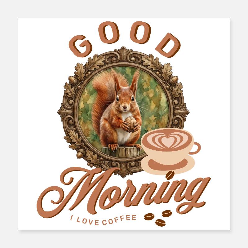 Morgenkaffee mit Eichhörnchen Poster 40x40 cm