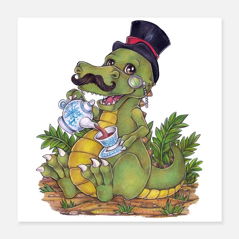 Drôle de jeu de mots Tea Rex Dino dessiné à la main Poster 40 x 40 cm