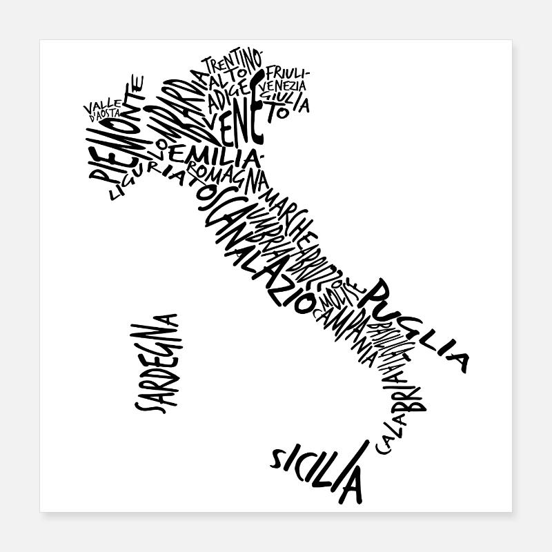 Italy Regions Typography Map  Poster 16" x 16" (40x40 cm)