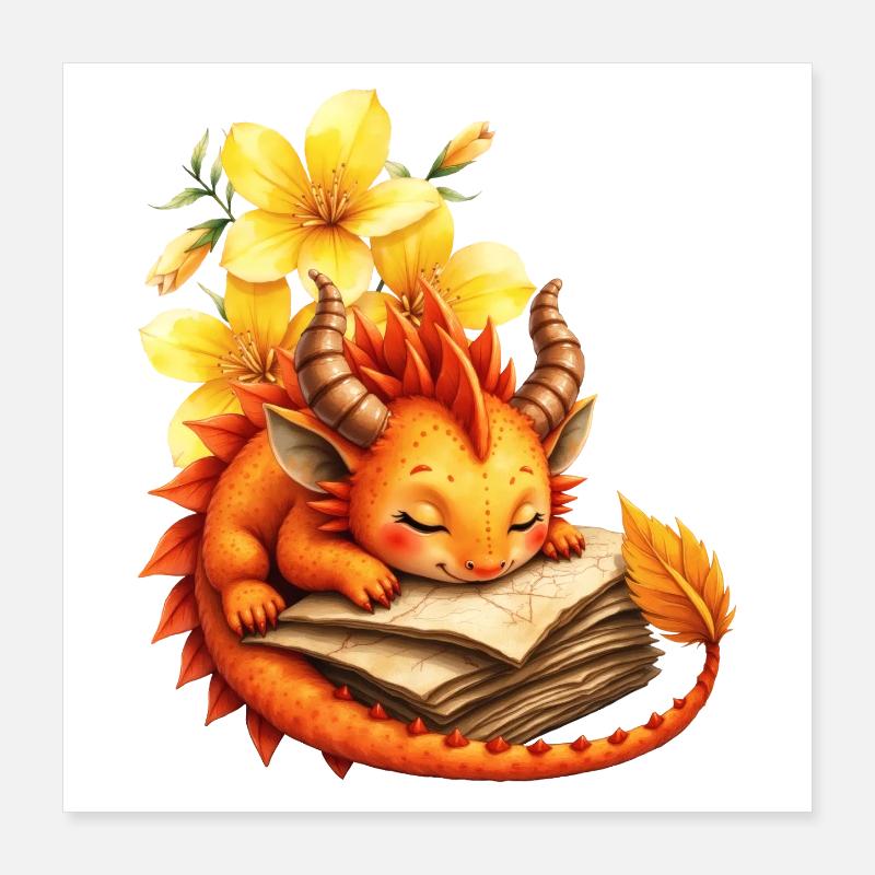 Sleepy Dragon on Autumn Book Poster 16" x 16" (40x40 cm)