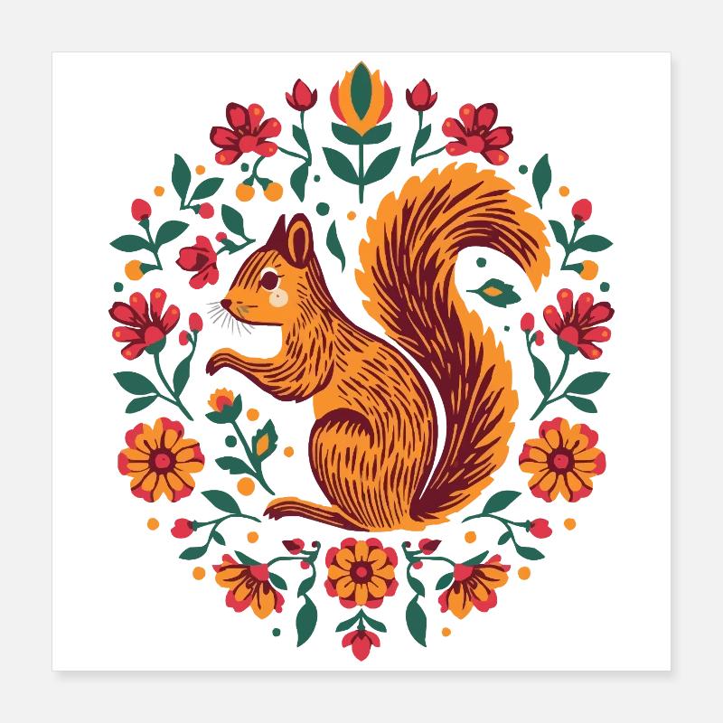 Écureuil dans une couronne de fleurs Poster 40 x 40 cm
