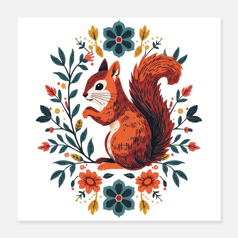 Écureuil dans une couronne de fleurs Poster 40 x 40 cm